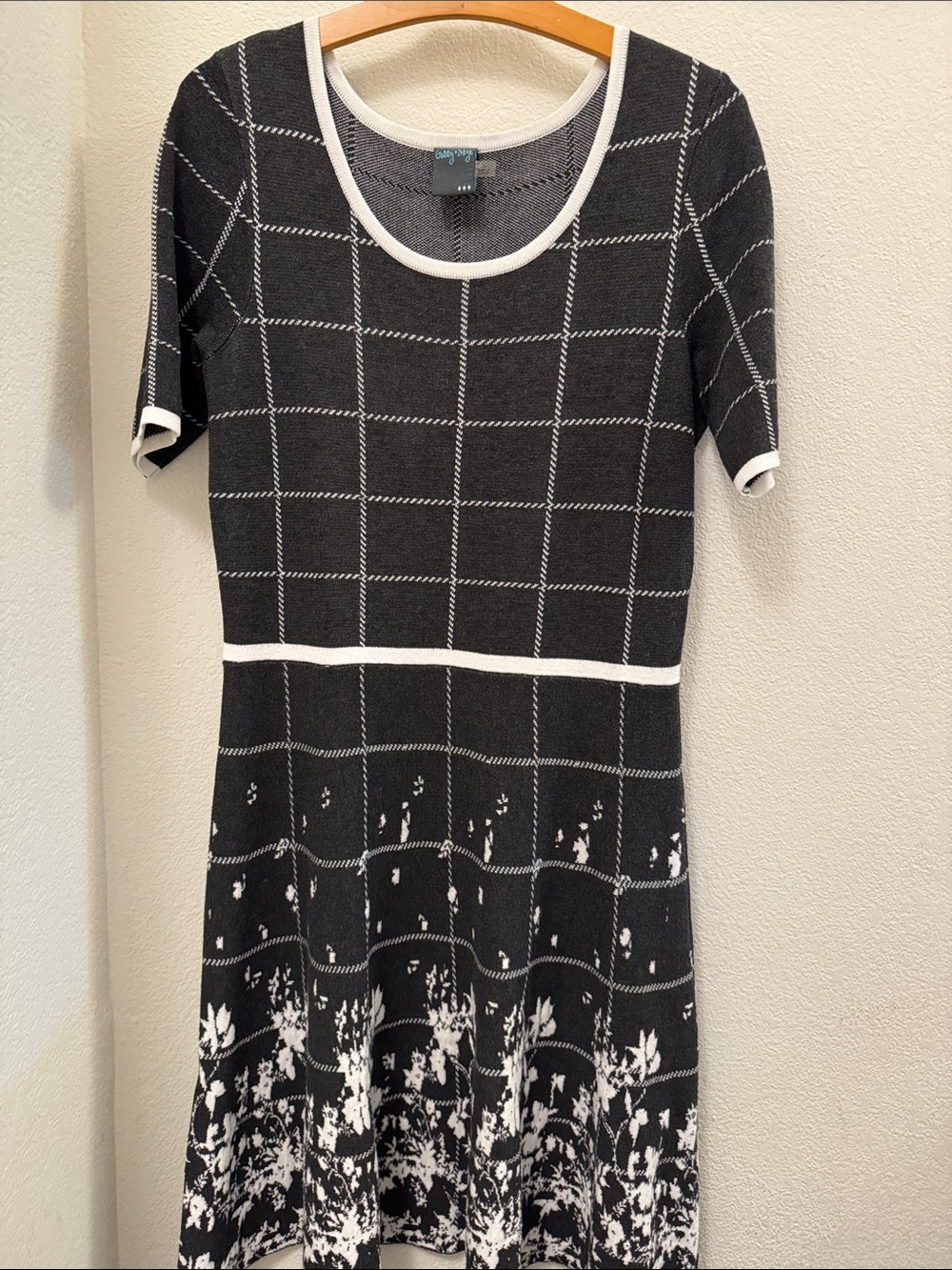 Gabby Skye Black & White Grid Midi Dress with Floral Hem